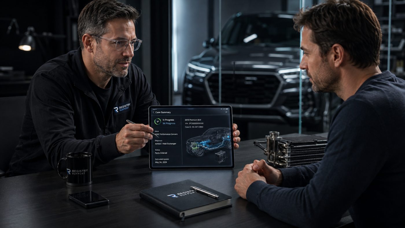 Registry reviewer walking an owner through a case summary on a tablet