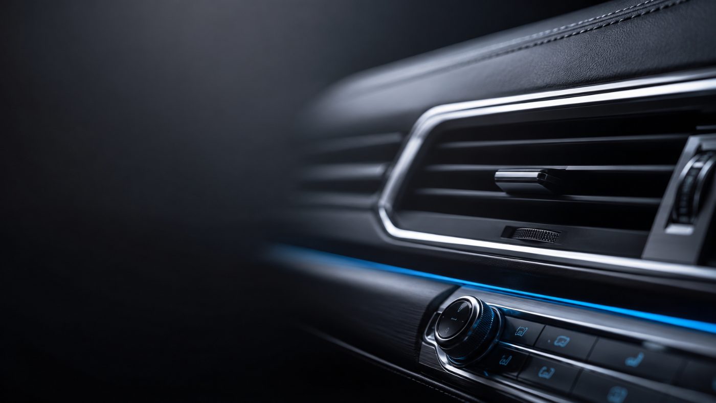 Macro of a premium dashboard air vent above a blue ambient light strip