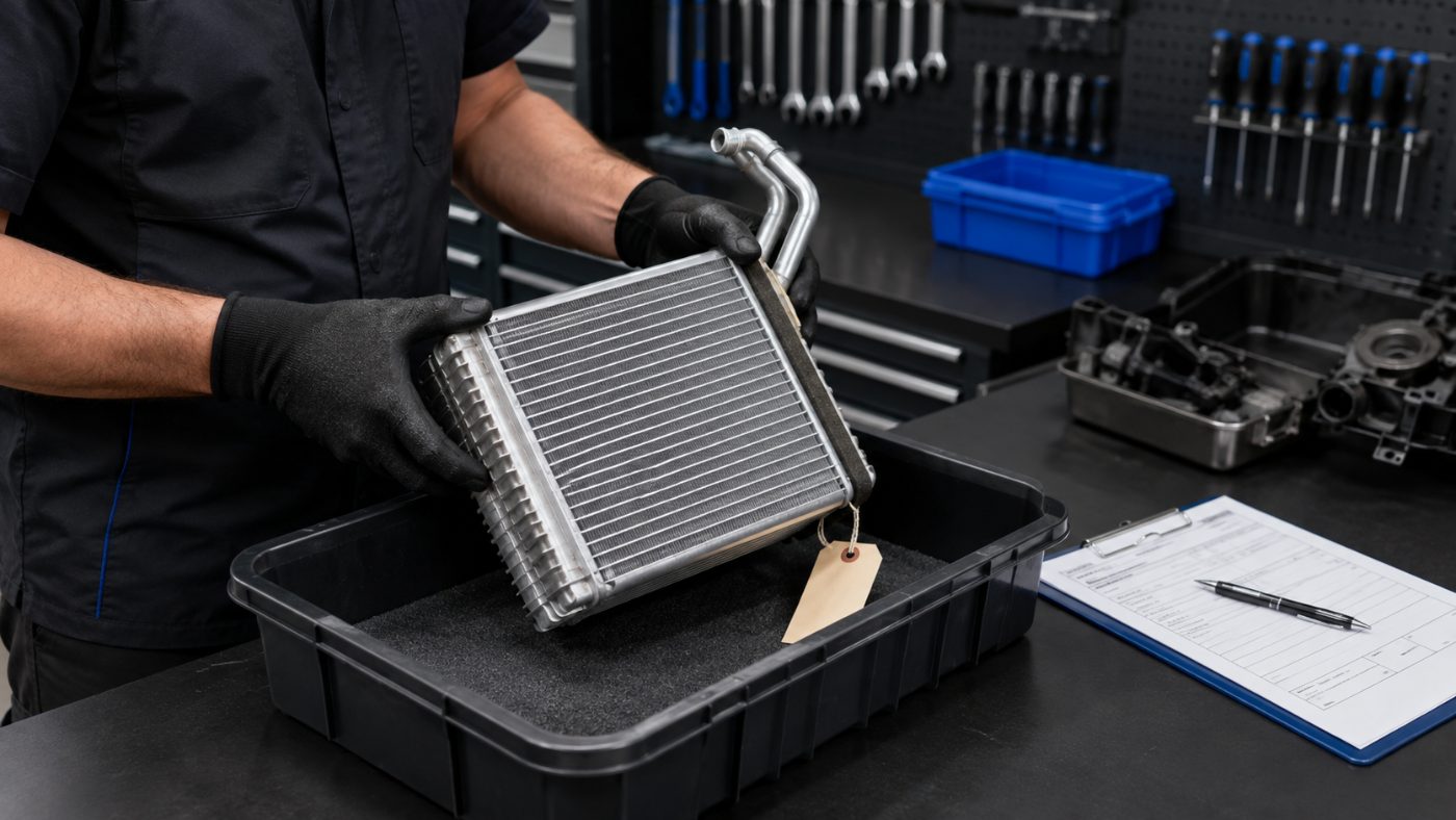 Technician preserving a tagged evaporator core in an evidence tray