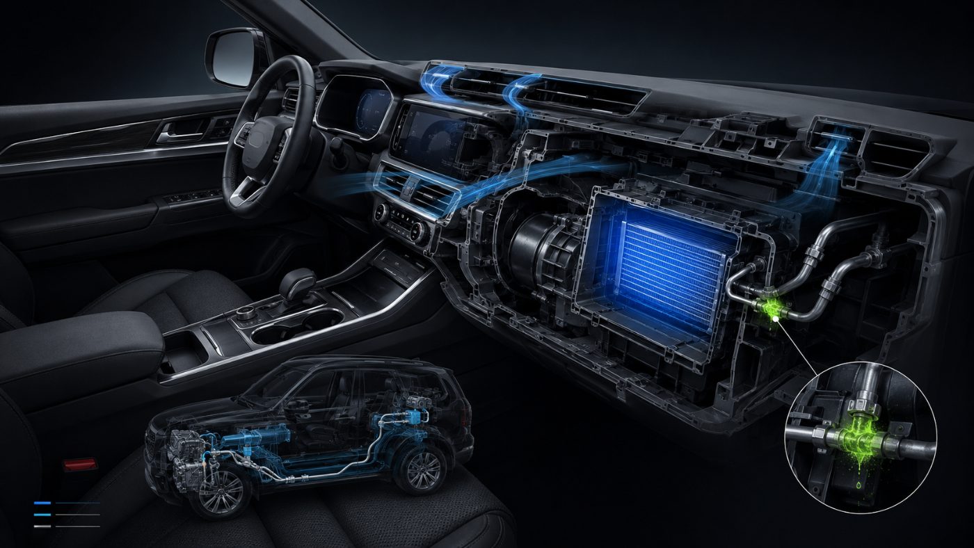 Cutaway illustration of a dashboard showing the HVAC box, blower and evaporator core with a highlighted refrigerant leak