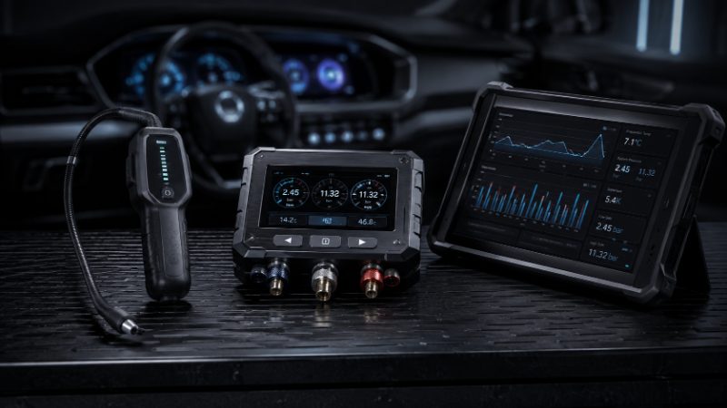 Electronic leak detector, digital manifold gauge and diagnostic tablet on a workbench