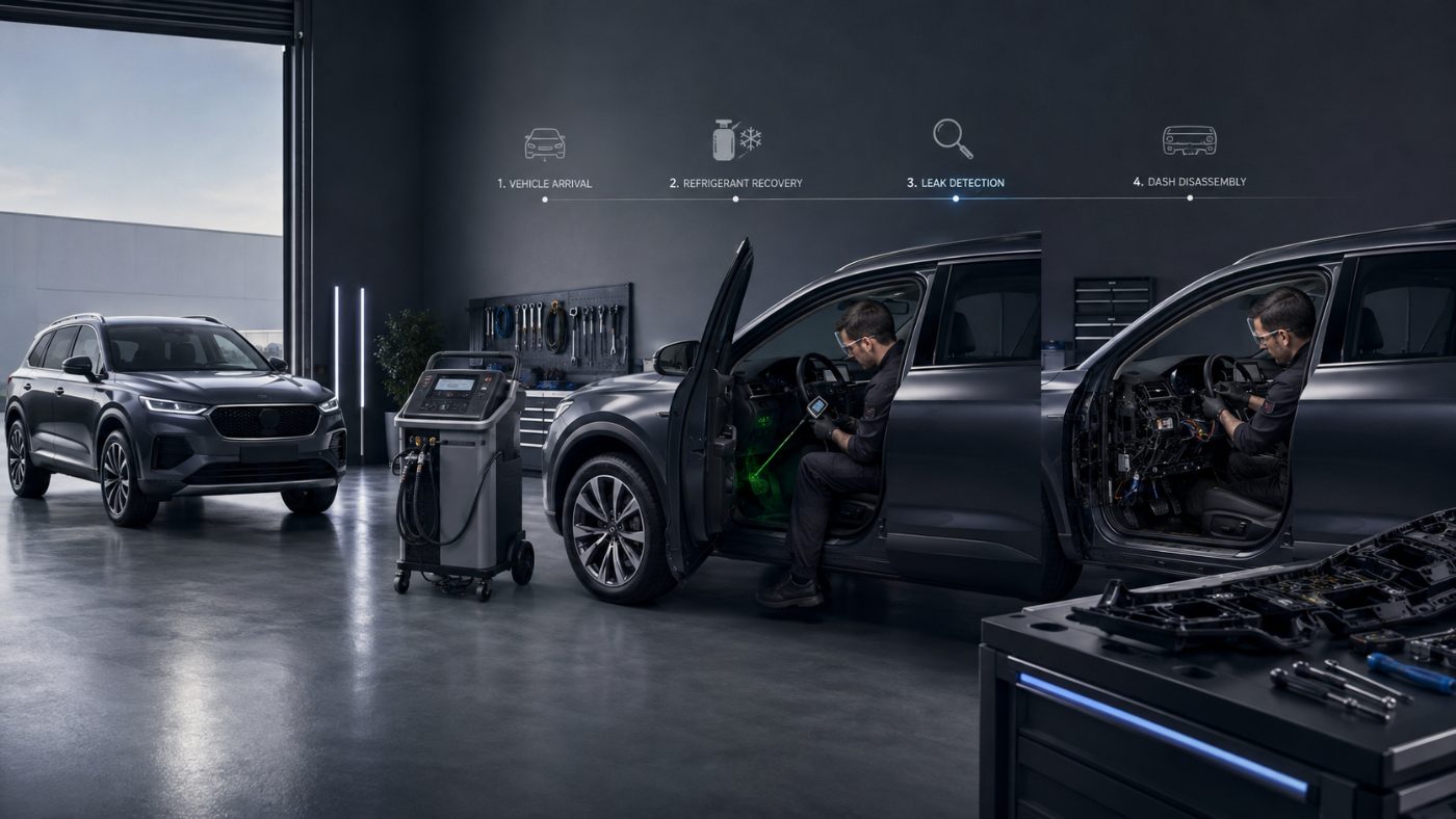 Workshop overview of the four-step diagnostic process ending in dash disassembly