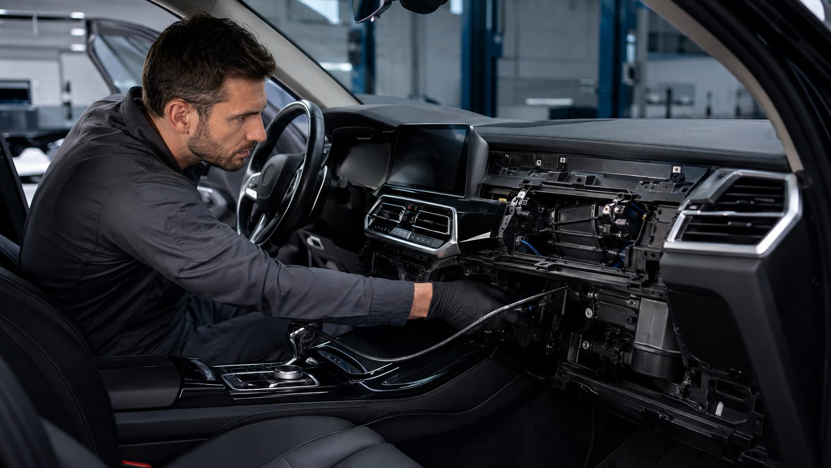 Technician probing an exposed dashboard with an electronic refrigerant detector inside a luxury SUV