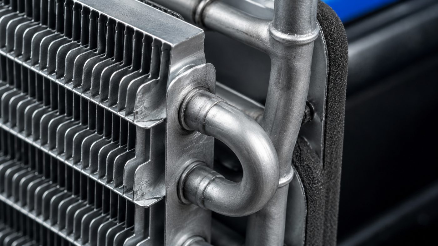 Macro of aluminum evaporator fins and refrigerant tubing