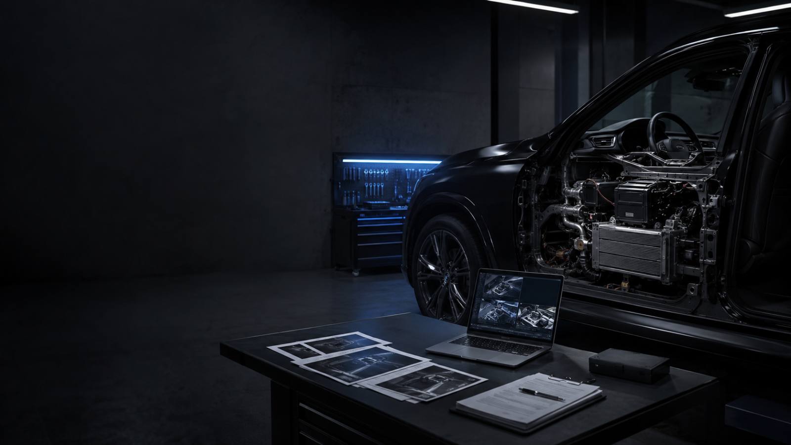 Vehicle with its front structure opened for HVAC inspection in a dark workshop, case documents on a table