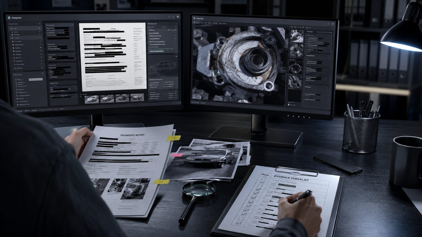Reviewer checking redacted diagnostic documents against an evidence checklist