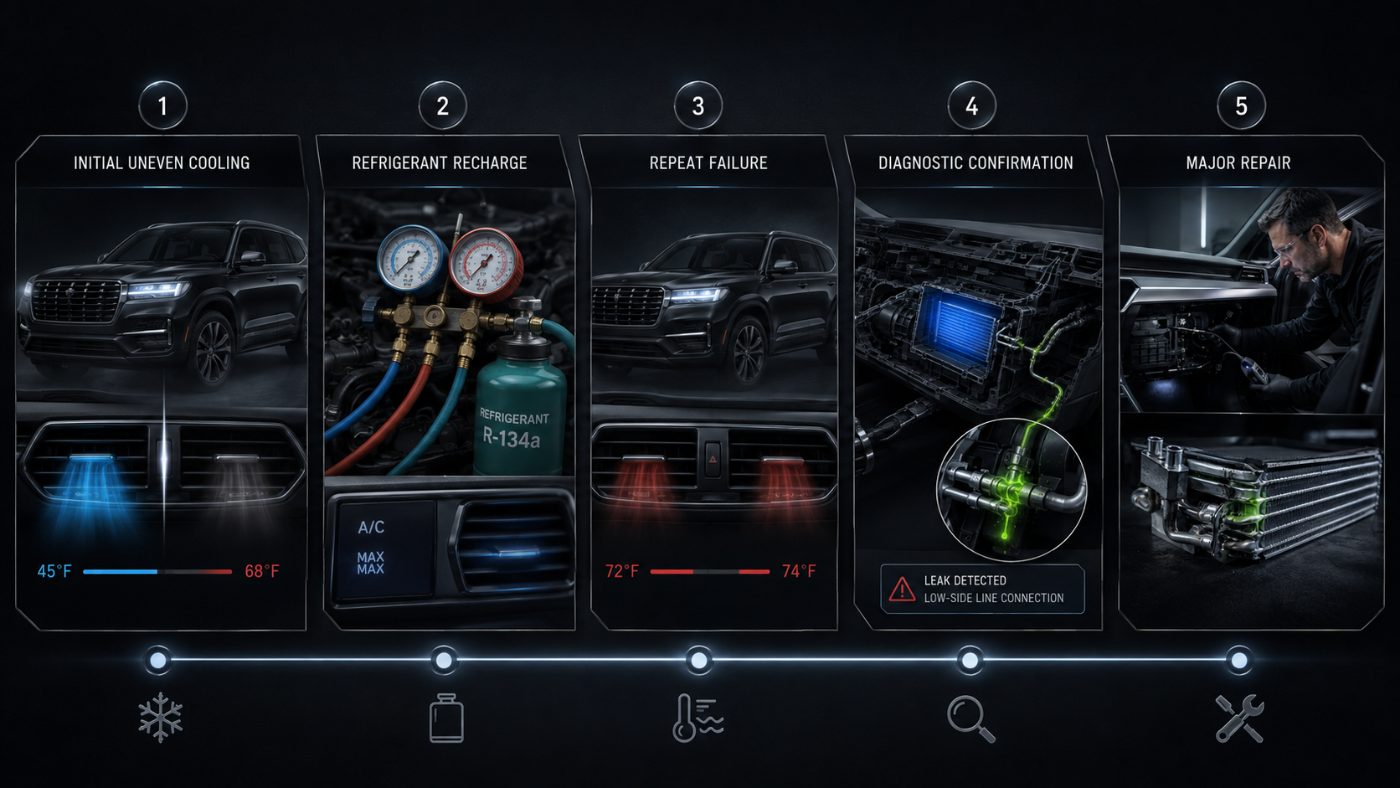 Five-stage progression: uneven cooling, refrigerant recharge, repeat failure, diagnostic confirmation, major repair
