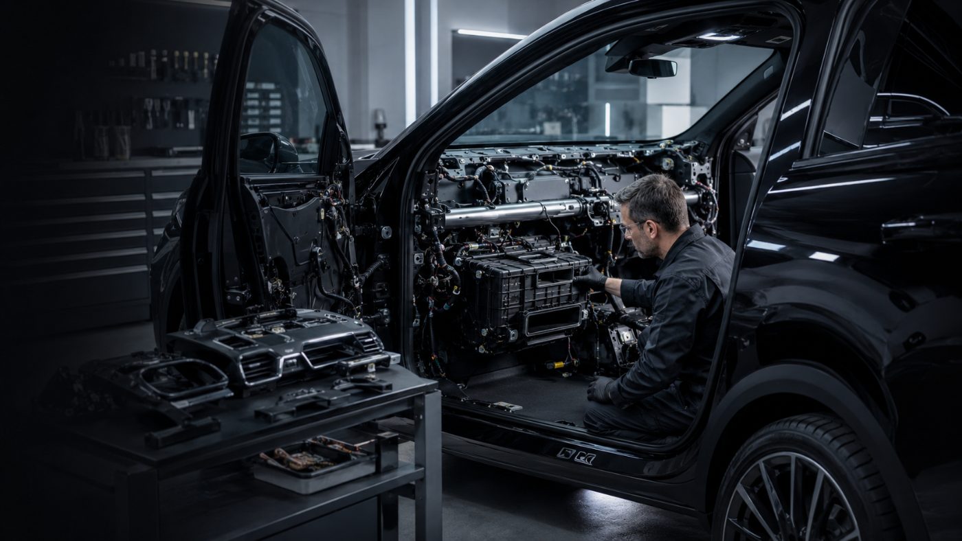 Technician extracting the HVAC housing through the door opening of a fully disassembled dashboard