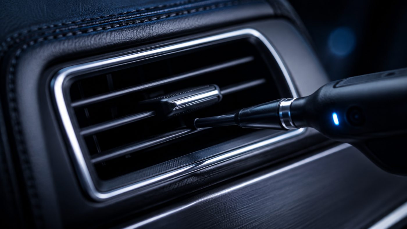 Electronic leak detector probing a dashboard air vent