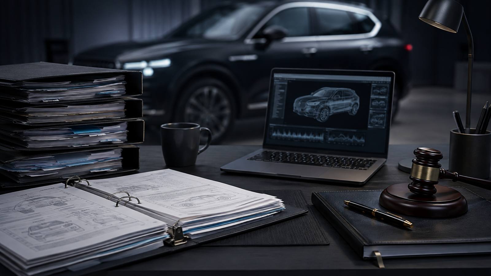 Gavel, case binders and a laptop showing a vehicle wireframe on a records desk