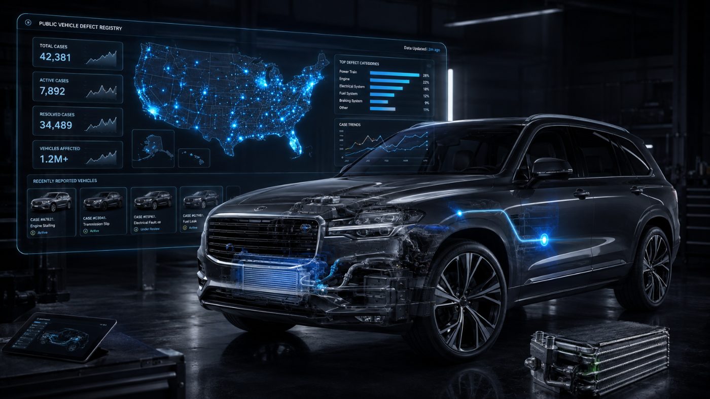Holographic public defect registry dashboard beside an SUV with its HVAC system highlighted
