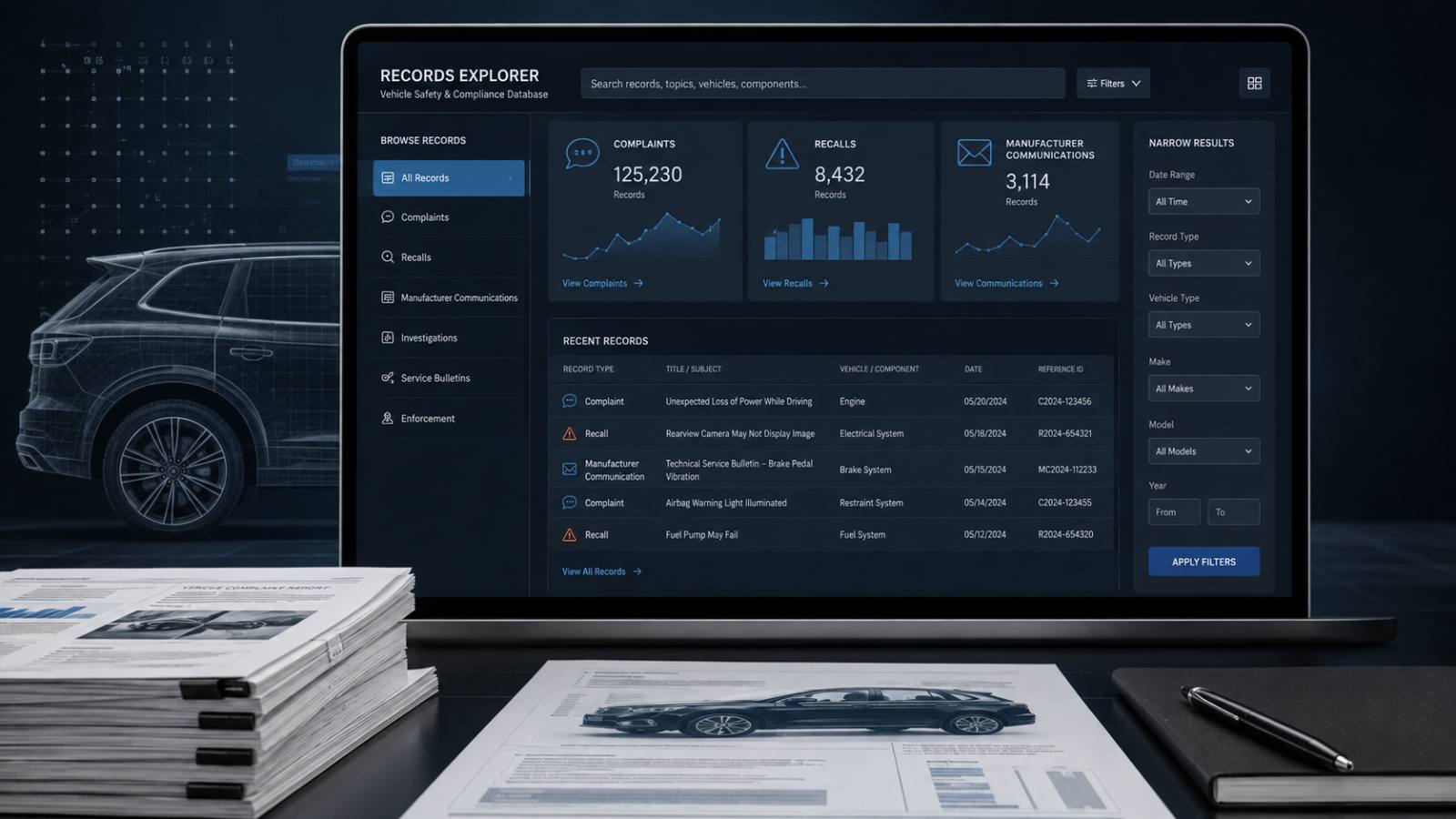 Concept rendering of a records-explorer interface on a laptop; all figures illustrative, not live NHTSA data
