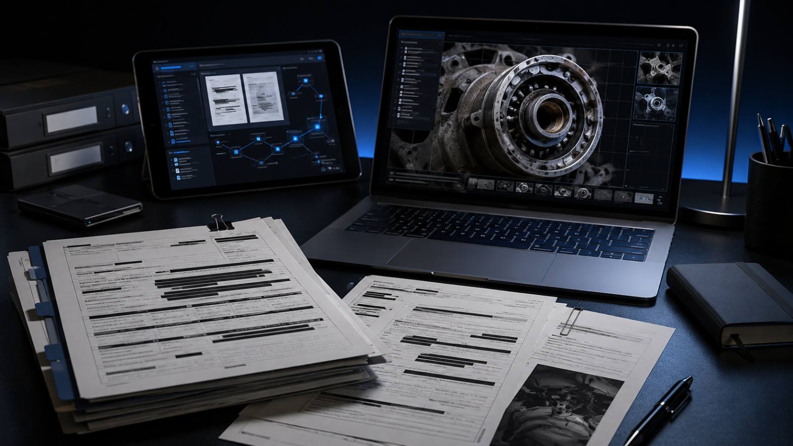 Redacted repair documents beside a laptop during evidence review