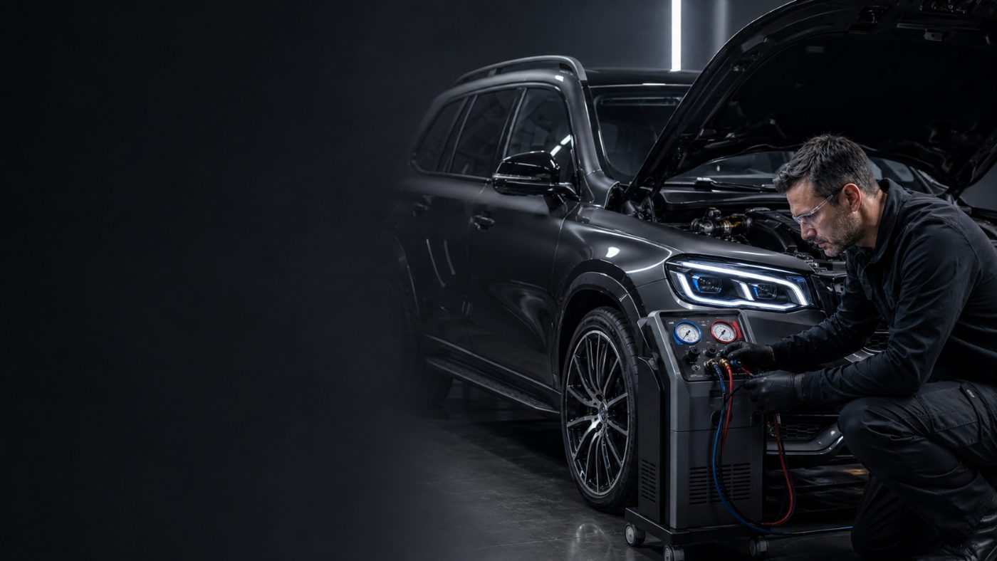 Technician connecting an R-1234yf recharge station to a luxury SUV in a dark workshop