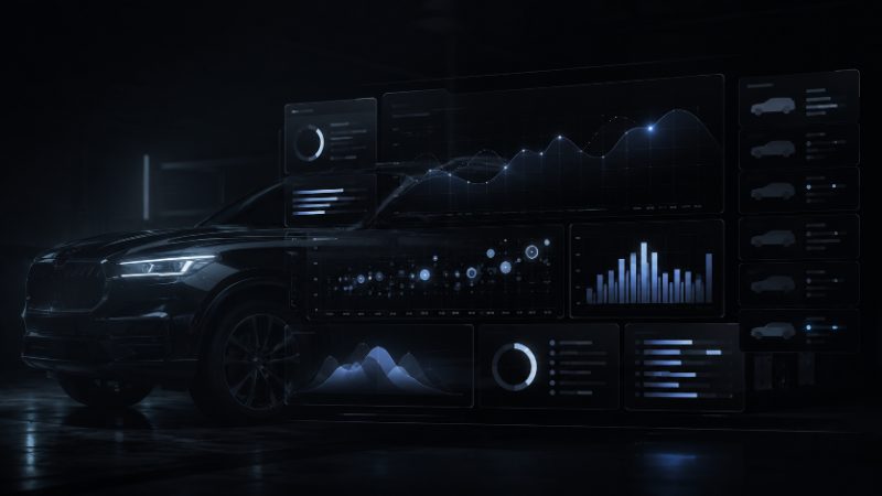 Dark SUV silhouette behind floating charts visualizing registry data