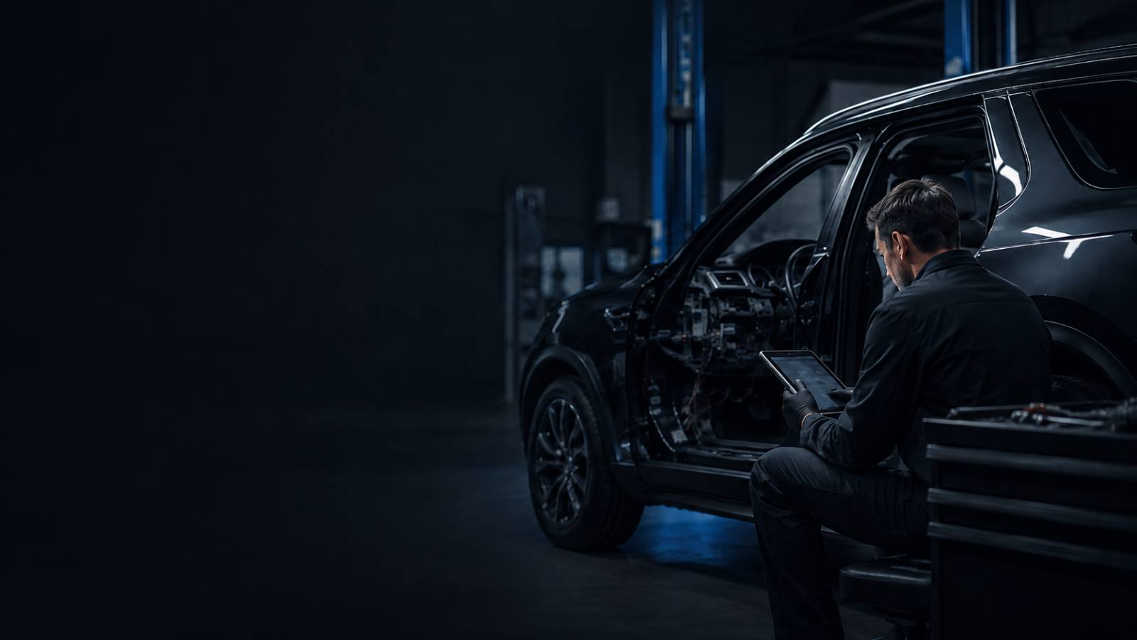Specialist reviewing case records on a tablet beside a vehicle in a dark workshop