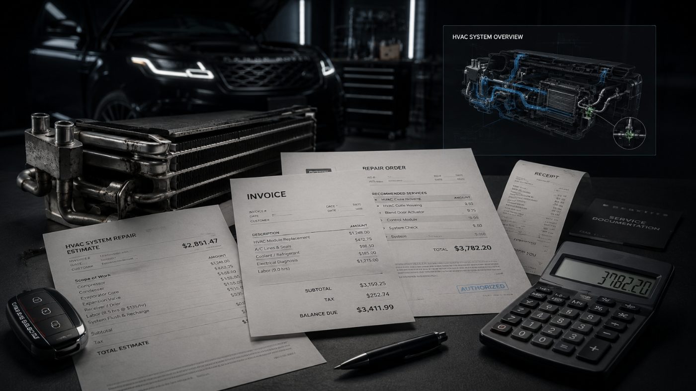 HVAC repair estimate, invoice, repair order and receipt laid out beside a calculator and evaporator core