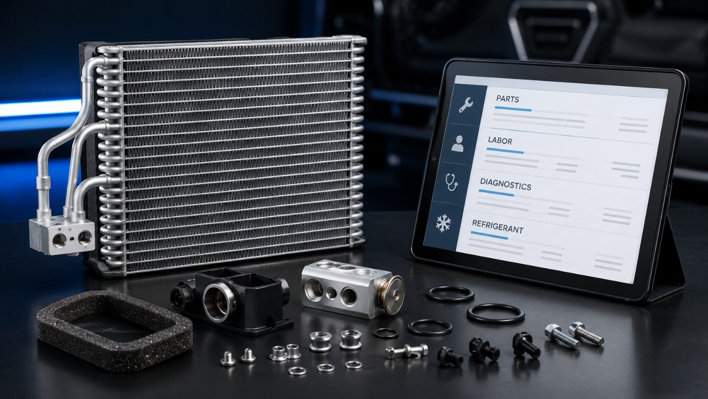 Replacement evaporator, expansion valve, seals and itemized cost categories on a tablet