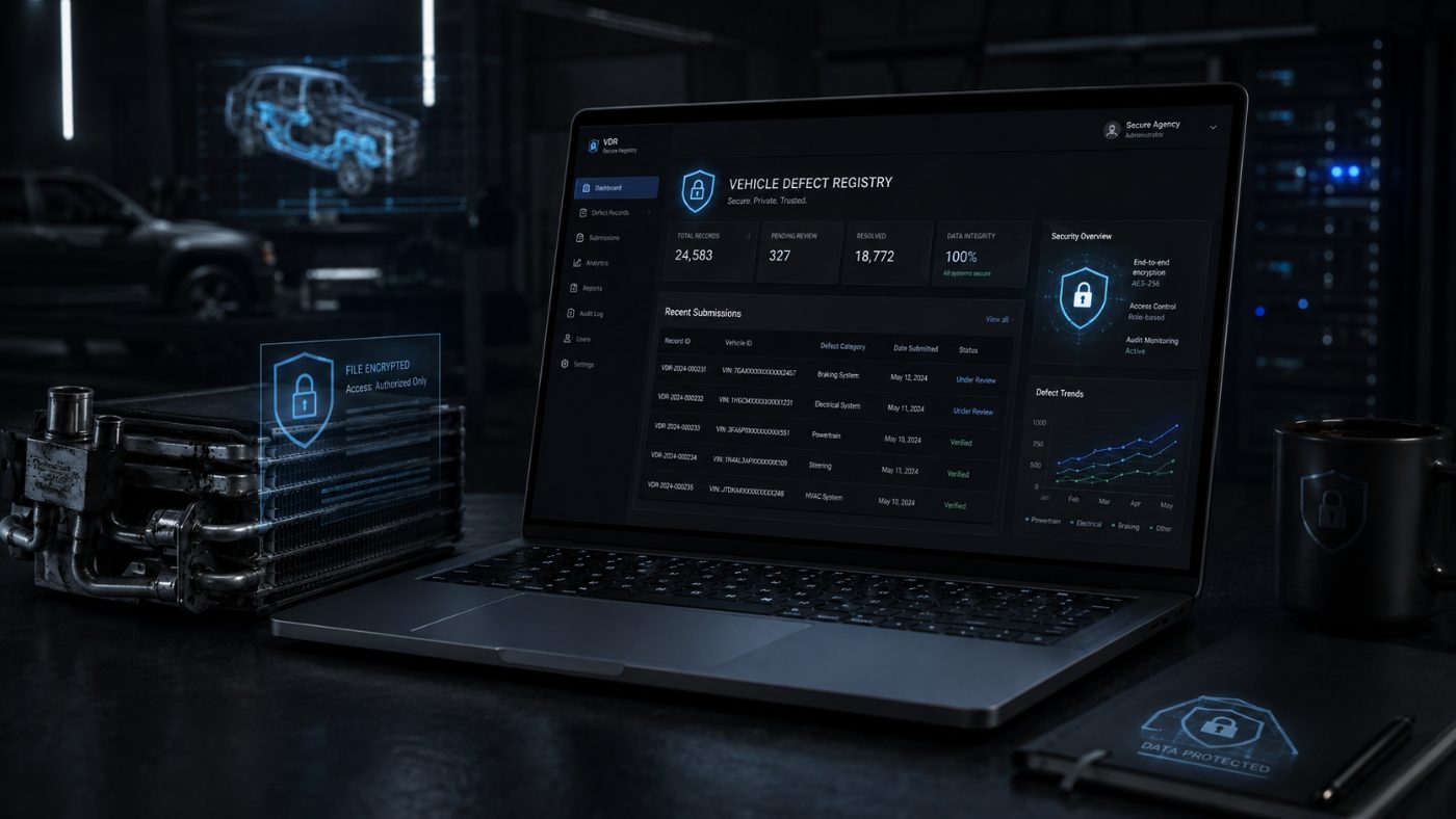 Encrypted registry dashboard with role-based access controls on a laptop