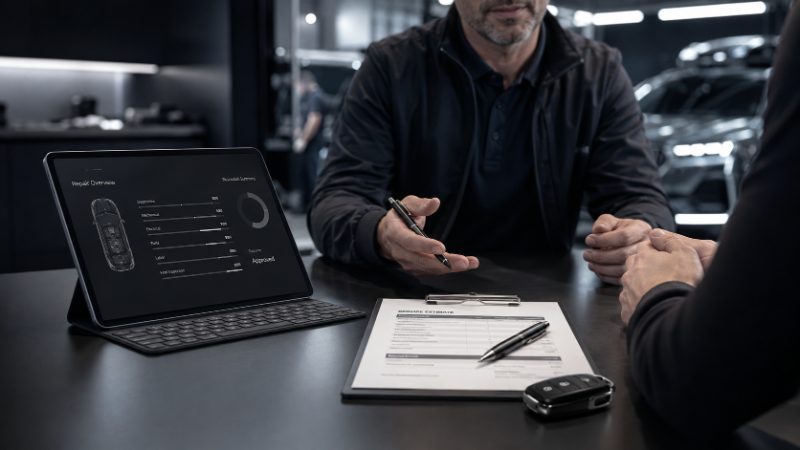 Service advisor reviewing a repair estimate on a clipboard beside a tablet