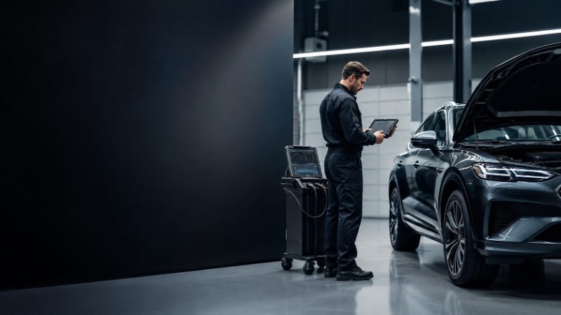 Technician reviewing diagnostic readings on a tablet beside an SUV with its hood open