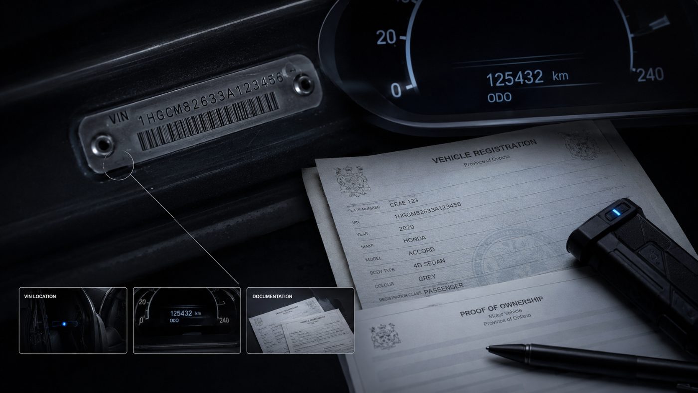 VIN plate, odometer reading and vehicle registration documents